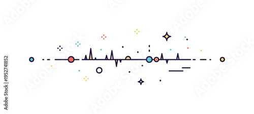 Quantum field fluctuation concept illustrated through a calm horizontal line interrupted by small energy spikes and floating particles, expressing vacuum
