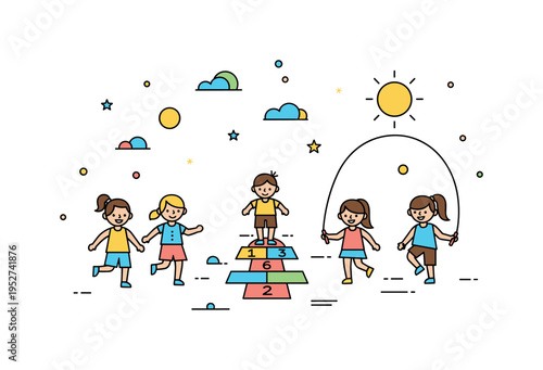 Children playing hopscotch and skipping rope in a sunny playground, illustrating active movement, fun, and joyful group play. Minimalist flat vector