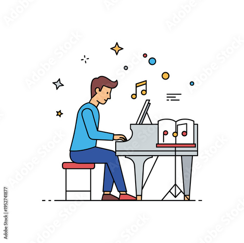 Individual musician practicing on a piano with notes on a stand, emphasizing focus, skill development, and musical learning. Minimalist flat vector