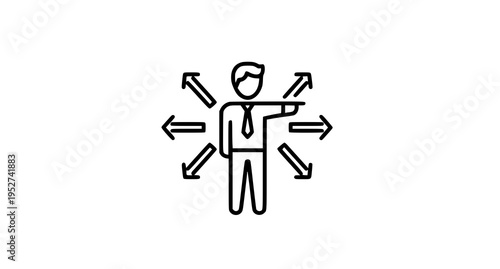 A line art icon depicting a professional businessman standing with arrows pointing in directions