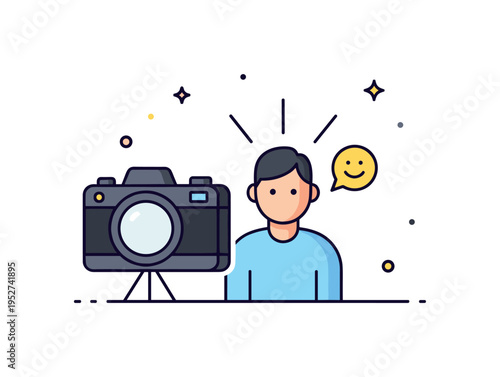 Portrait photography session featuring a camera facing a simplified human silhouette with soft light rays and a tiny smile icon expressing confidence. The