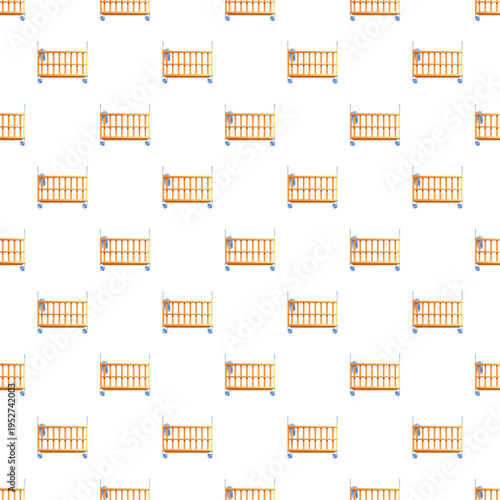 Wooden baby cribs repeating in a seamless pattern on white background