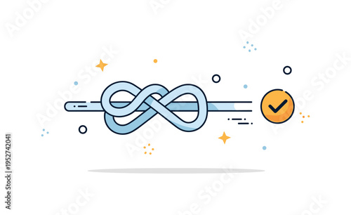 Problem solved tangled knot transforming into a smooth straight line with a small check mark accent. The compact badge visually represents clarity emerging