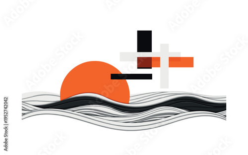 Monochrome ocean waves in foreground with oversized orange semicircle sinking into water, abstract rectangular color blocks subtly intersecting the sky area,