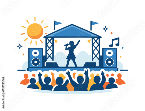 Festival headline performance showing a prominent singer on an outdoor stage with sun and speaker icons, capturing summer vibes and large crowd excitement. The