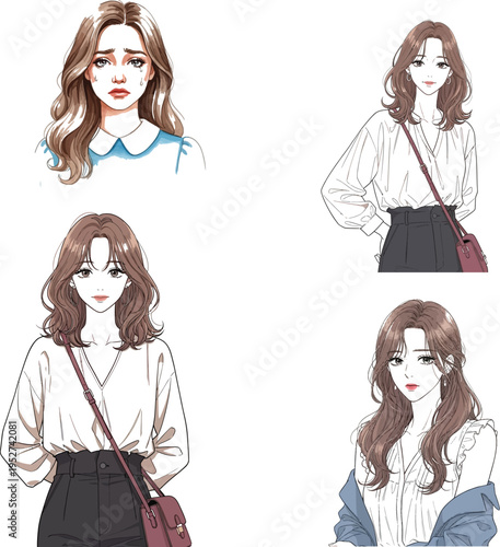 Four cartoon style women with long hair