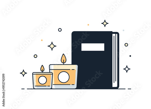 Candle set for cozy home atmosphere represented by two small candles beside a simple book silhouette, with gentle sparkle accents enhancing the warm mood. The