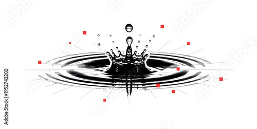 Close-up monochrome water droplet splashing on lake surface, surrounded by small red square accents and thin grid lines referencing ripple geometry, white