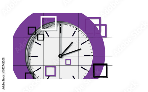 Oversized monochrome clock face without hands cropped dramatically, framed by a bold purple circular shape and intersected by thin black grid lines, abstract