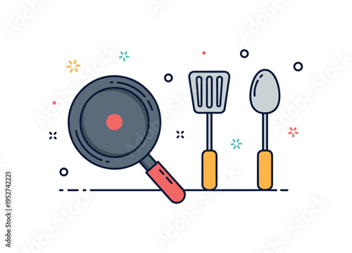 Kitchen utensil collection focus featuring a frying pan accompanied by a minimal spatula and spoon icon, symbolizing essential cookware set. Balanced spacing