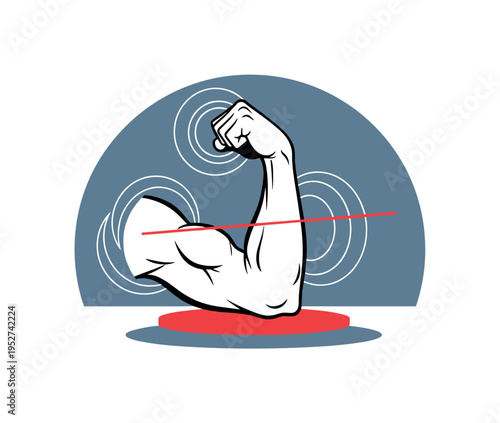 Black and white forearm flexed tightly with visible tension, large muted blue semicircle framing the arm, thin red diagonal line emphasizing force direction,
