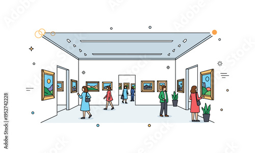 Fine art galleries with a spacious white-walled room, framed paintings hanging neatly, and visitors admiring the artwork, highlighting culture, sophistication,