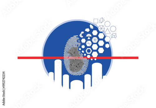 Black and white fingerprint transforming into organized geometric customer clusters, oversized cobalt blue circular halo behind the print, sharp red horizontal