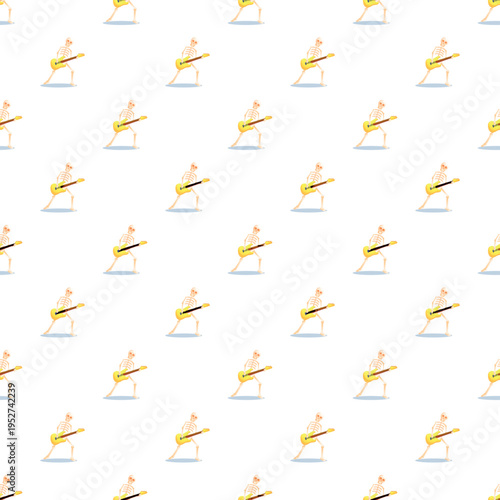 Skeleton characters playing electric guitars creating a fun musical seamless pattern