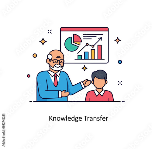 Mentorship in the workplace scene featuring an older professional guiding a younger colleague beside a chart icon. Subtle sparkle accents and a