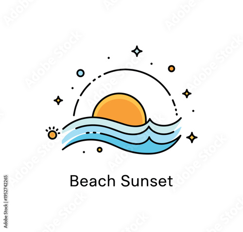 Sunset over ocean summer travel badge showing a stylized sun partially hidden by a clean wave arc with tiny spark accents around it, expressing vacation mood