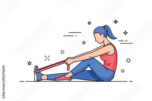 Flexibility workout routine illustrated by a person seated on the floor gently pulling a stretching strap around one foot, expressing controlled movement and
