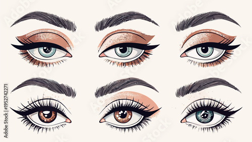 Collection of six different eye makeup styles with eyeliner and various eye colors and eyebrow shapes