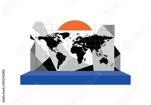 Black and white world map silhouette emerging from abstract geometric base, cobalt blue rectangular platform grounding the composition, orange semicircle