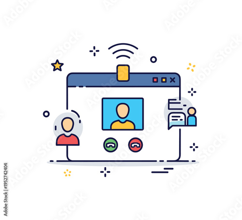 Remote corporate meeting badge featuring a central video call window with subtle connection signal accents, symbolizing seamless communication and