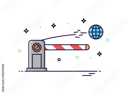 Border control system failure represented by a stylized barrier gate with a disconnected signal line and small globe icon, expressing international access