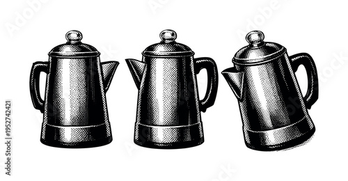 Vintage percolator coffee maker A traditional vintage percolator coffee maker represented as one object, displayed in front, side, and angled views emphasizing