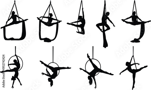 aerial, acrobat, circus, silhouette, gymnast, yoga, silk, hoop, lyra, dance, vector, isolated, performance, athlete, black