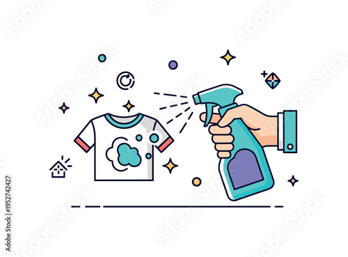 Cleaning solution concept hand holding a spray bottle aimed at a visible fabric stain with small sparkles suggesting removal and freshness, conveying problem