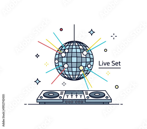 Disco ball DJ performance scene with a simplified DJ console below a compact mirrored sphere reflecting stylized light streaks, capturing music energy and