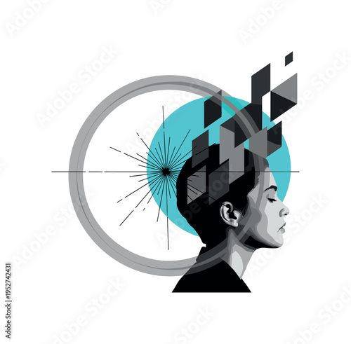 black and white profile of person looking back while walking forward, fragmented crowd silhouettes dissolving into geometric dust, large red cylinder shape