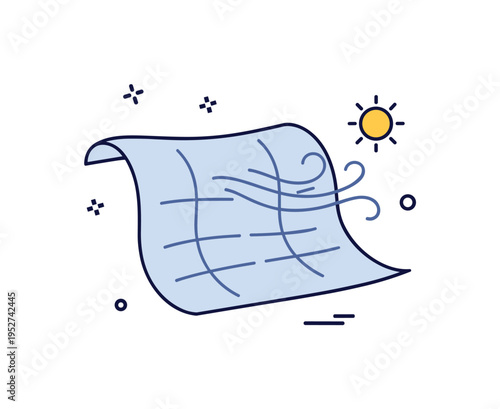 Linen textile for summer outfits shown as a gently draped fabric swatch with subtle texture lines and a small sun symbol nearby, conveying airflow and relaxed