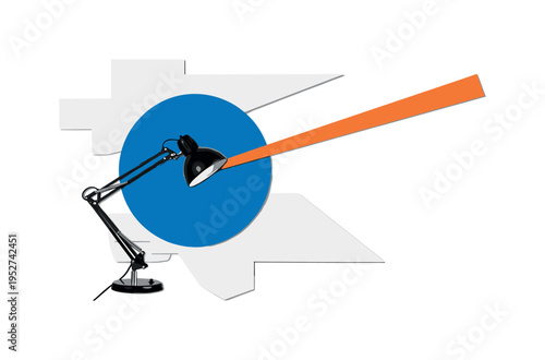 Black and white classic desk lamp with articulated arm, bold blue circular halo behind the lamp head, orange diagonal bar reinforcing directional light beam,