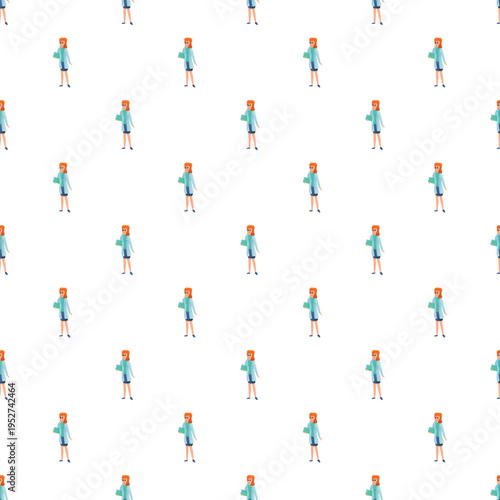 Repeating female doctor cartoon characters creating a medical background pattern