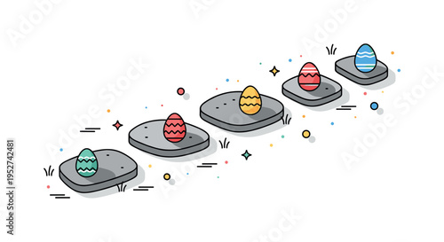 Colorful Easter eggs scattered among garden stepping stones expressing playful search and family tradition. Clean geometry and soft shadows create depth while