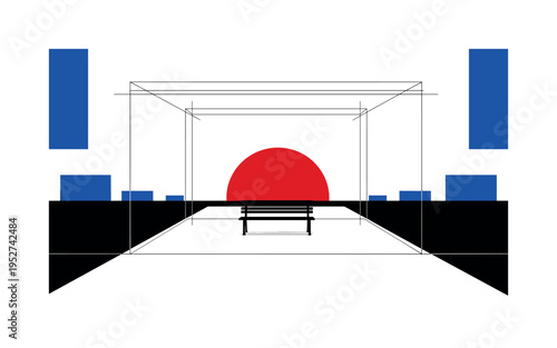 Black and white open empty square with lone bench centered, intense deep red circle rising behind the bench like quiet civic sunrise, cobalt blue geometric