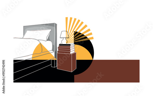 Black and white bedside corner with a small lamp and stacked books, bold abstract semicircles radiating from the lamp light, flat color blocks grounding the