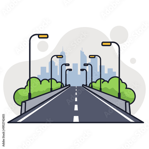 Urban road stretching toward distant city skyline at dusk. non editable strokes