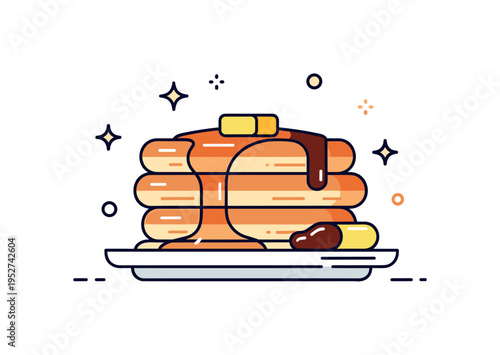 Stack of pancakes with syrup, butter, and a small drizzle of chocolate, emphasizing indulgence, sweetness, and playful breakfast presentation. Minimalist flat