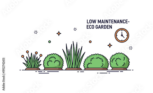Low maintenance eco garden showing a neat arrangement of hardy native shrubs with a small clock icon suggesting reduced upkeep, conveying practicality and long