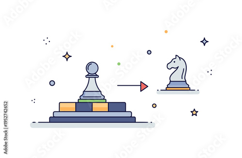 First chess lesson theme illustrated by a minimal board with a pawn moving forward and a small arrow indicator, symbolizing foundational moves and step by step