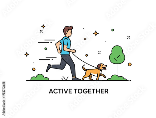 Running with dog in a park setting featuring a person jogging side by side with a happy energetic companion on a loose leash. Subtle motion lines, small tree