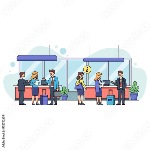 Business travelers checking in at airport terminal counters. non editable strokes