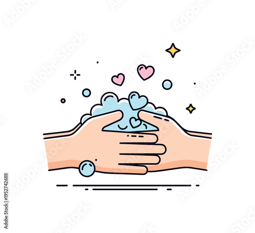 Hands rinsing under water with soap bubbles forming small heart shapes, creating a friendly and caring visual metaphor for cleanliness. Minimalist flat vector