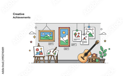 Creative achievements in art, music, and design celebrating a gallery wall with paintings, musical instruments, and design sketches, highlighting talent,