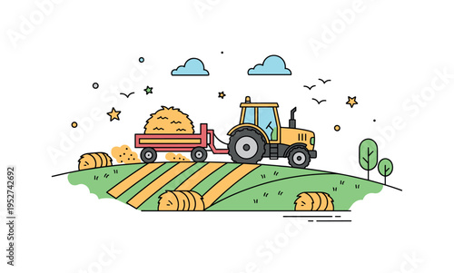 Haying tractor working on a hilly pasture with cut hay in rows, small decorative birds flying nearby, illustrating rural productivity and nature. Minimalist
