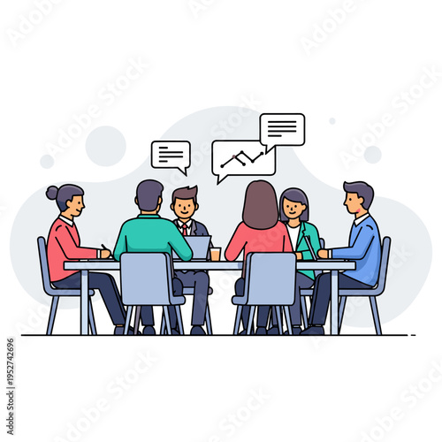 Business team discussing project at conference table office. non editable strokes