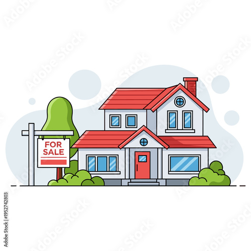 Residential house listed for sale in suburban neighborhood. non editable strokes