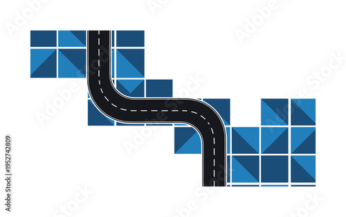 Monochrome top-down view of a curved road forming an S-shape, intersected by bold blue geometric blocks and structured grid lines representing planning and