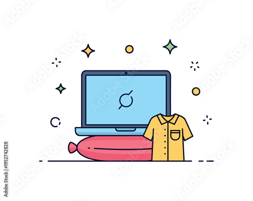 Pajama day at home remote work comfort idea illustrated by a laptop placed on a soft cushion with a small pajama icon beside it, expressing flexible work from