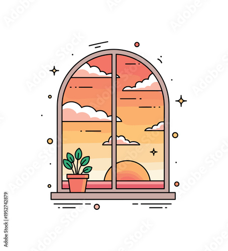 Cozy evening sunset view shown through a rounded window frame with a small potted plant on the sill, while warm gradient clouds drift across the setting sun